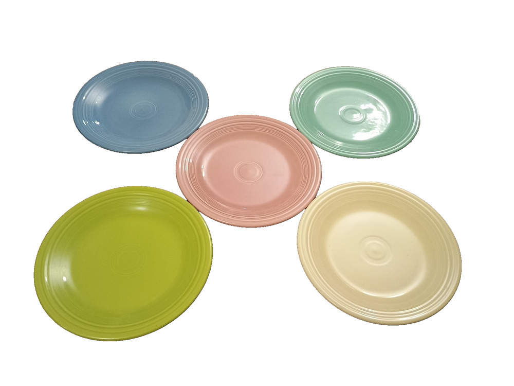 Vtg Lot of 5 Fiesta 10.25" Dinner Plates Ringware Pink Green Blue Yellow Teal